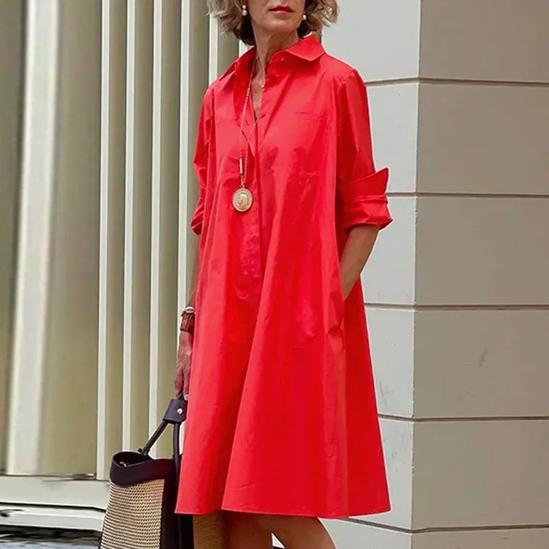 2024 Elegant Print Women Daily Commuter Dresses Side Double Pockets Single-breasted Cardigan Dress Female Long Sleeve Midi Gown