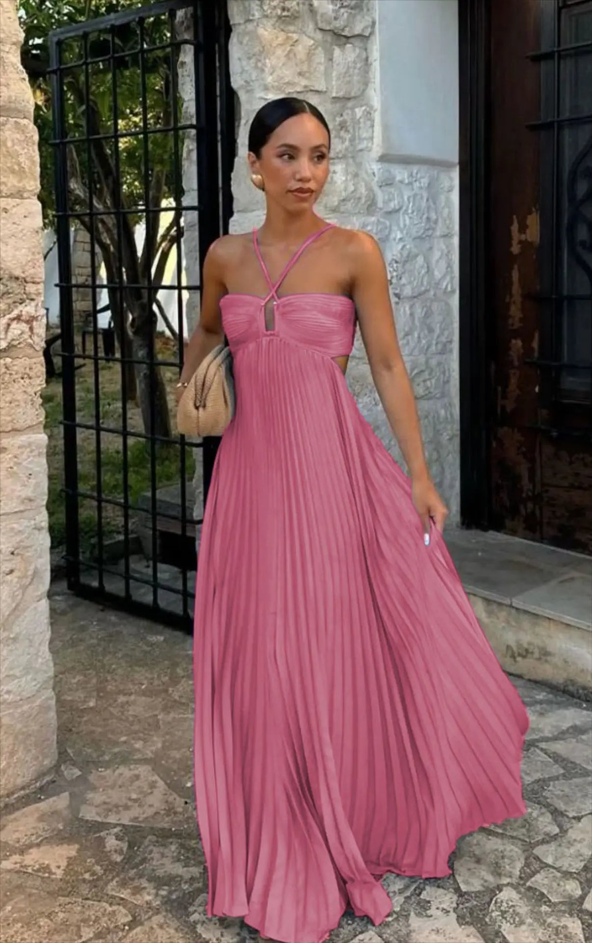 Halter Spaghetti Strap Pleated Maxi Dress Cutout Waist Back Tie Flowy Women Casual Vacation Party Long Dress 260802