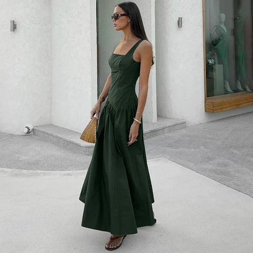 Elegant Spaghetti Strap Long Summer Green Dress 2026 Casual Straight Dress For High Waist Women Street Dresses Female