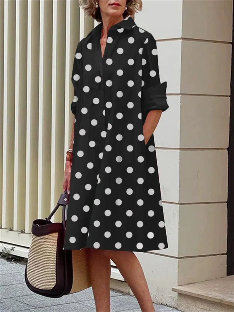 2024 Elegant Print Women Daily Commuter Dresses Side Double Pockets Single-breasted Cardigan Dress Female Long Sleeve Midi Gown