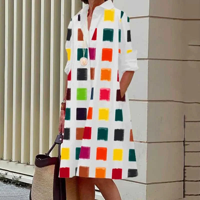 2024 Elegant Print Women Daily Commuter Dresses Side Double Pockets Single-breasted Cardigan Dress Female Long Sleeve Midi Gown