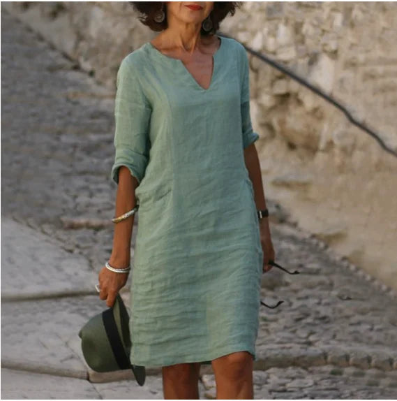 Vintage Women Solid Mini Dress Summer Fashion V-neck Three Quater Sleeve  Dress Ladies Casual Holiday Vestidos