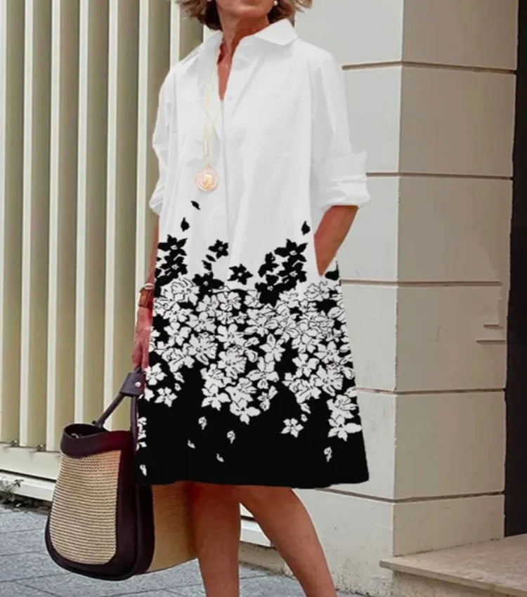 2026 Fall New Full Open Front Print Shirt Collar Long Sleeve Midi Dress Women Casual Fashion Office Wear with Belt