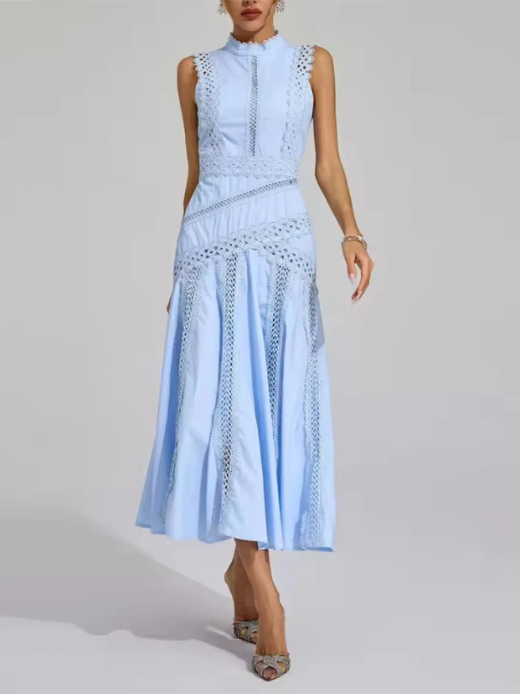 Elegant Long Lace Sleeveless Round Neck Dress Commute Evening Gown Women's Y2K Fashion Dresses Summer New Arrival Single Piece