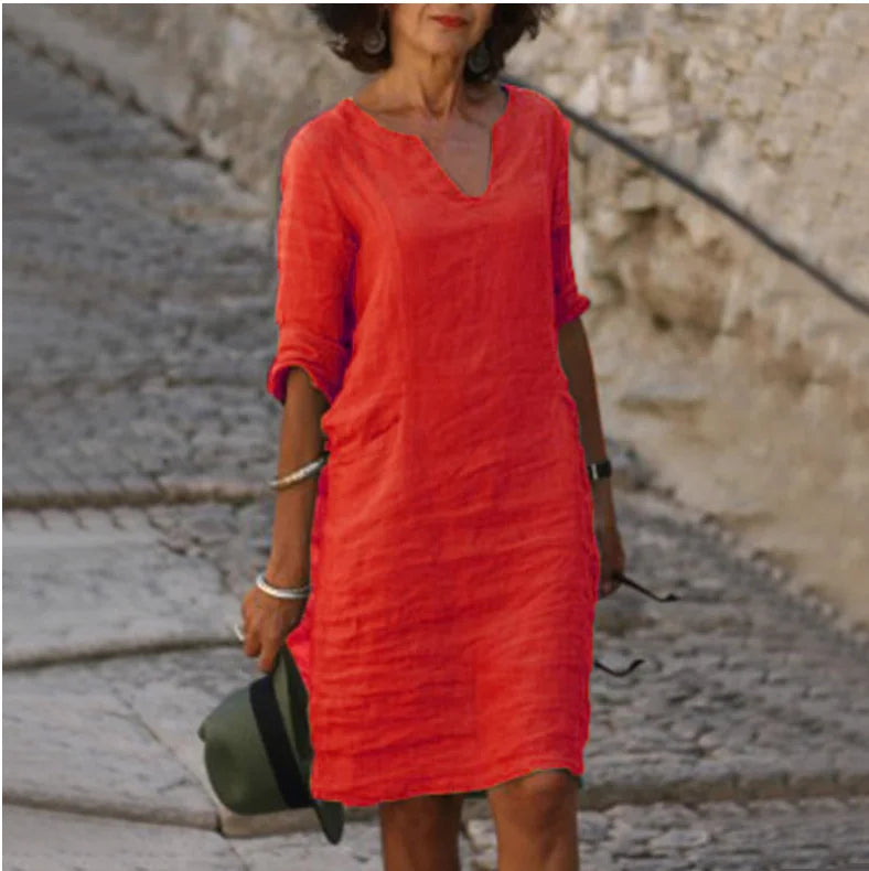 Vintage Women Solid Mini Dress Summer Fashion V-neck Three Quater Sleeve  Dress Ladies Casual Holiday Vestidos