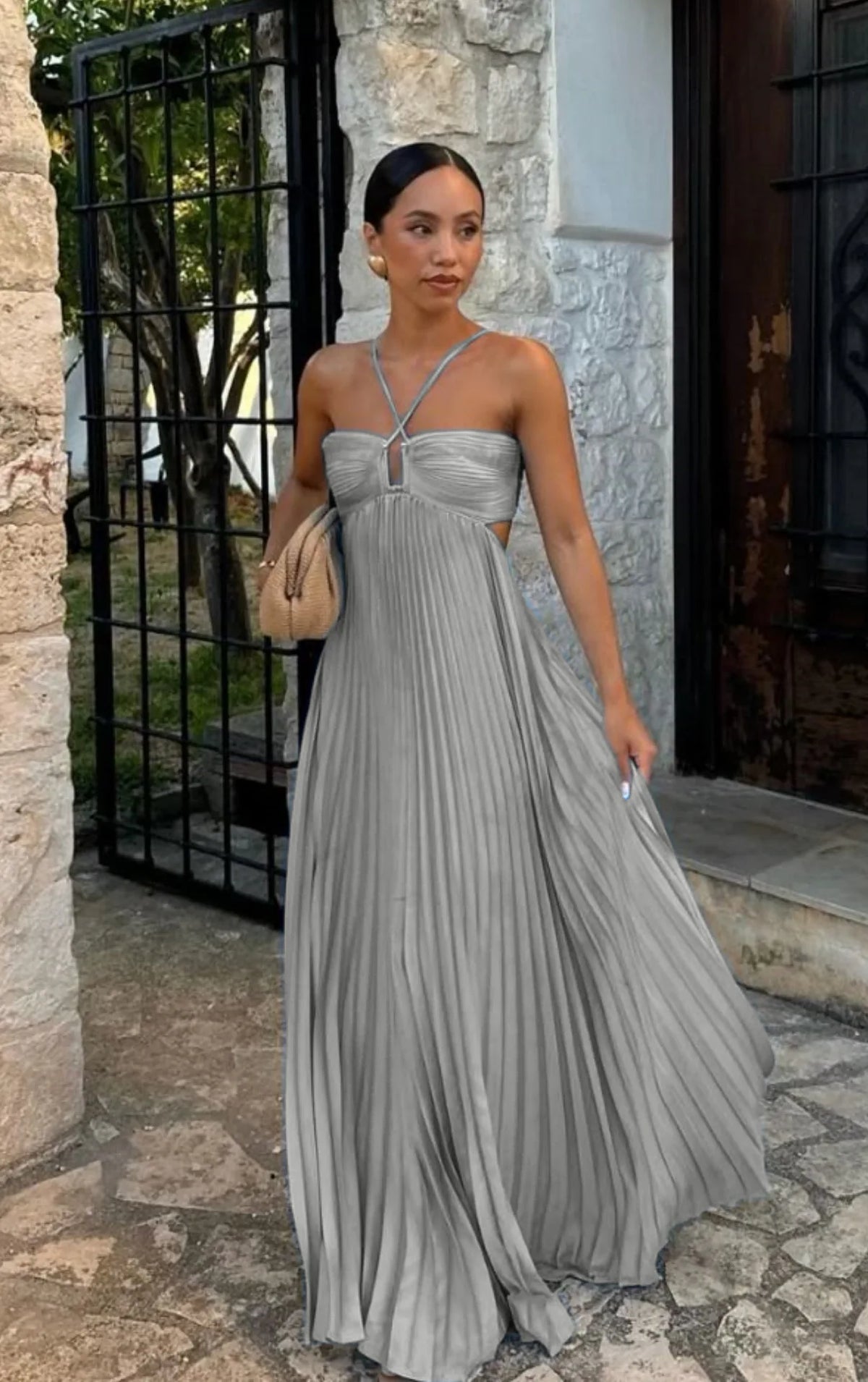 Halter Spaghetti Strap Pleated Maxi Dress Cutout Waist Back Tie Flowy Women Casual Vacation Party Long Dress 260802