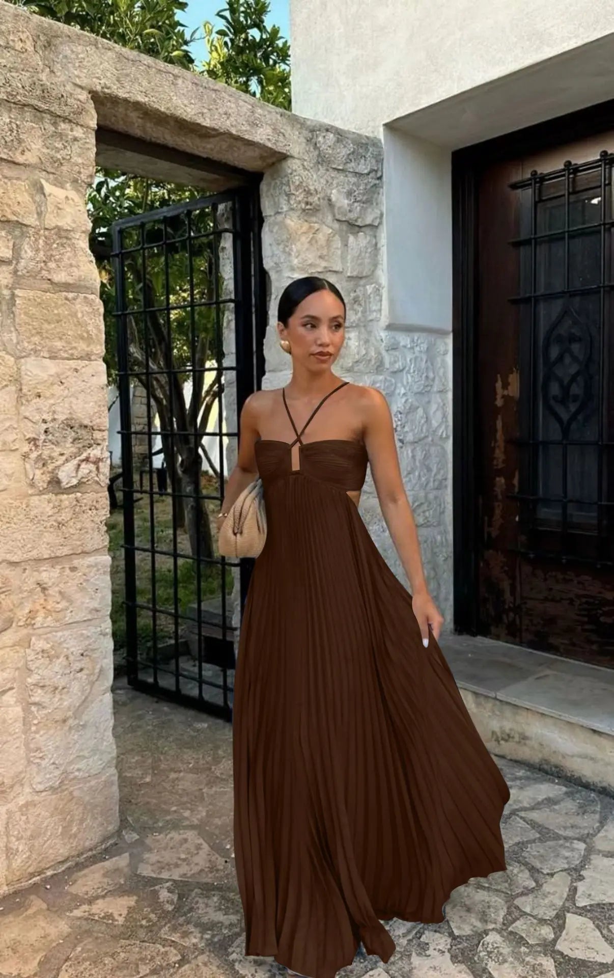 Halter Spaghetti Strap Pleated Maxi Dress Cutout Waist Back Tie Flowy Women Casual Vacation Party Long Dress 260802
