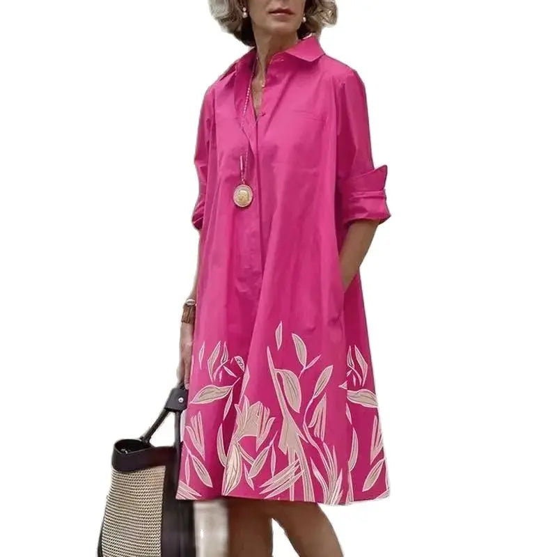 2024 Elegant Print Women Daily Commuter Dresses Side Double Pockets Single-breasted Cardigan Dress Female Long Sleeve Midi Gown