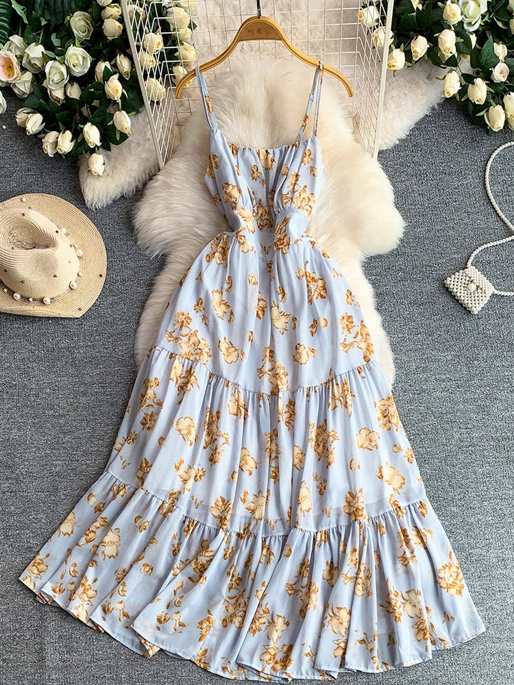 Women Dress Summer French Vacation Style Chiffon Flower Printed Suspender Elastic Ruffle Edge Long Vestido Female DS420