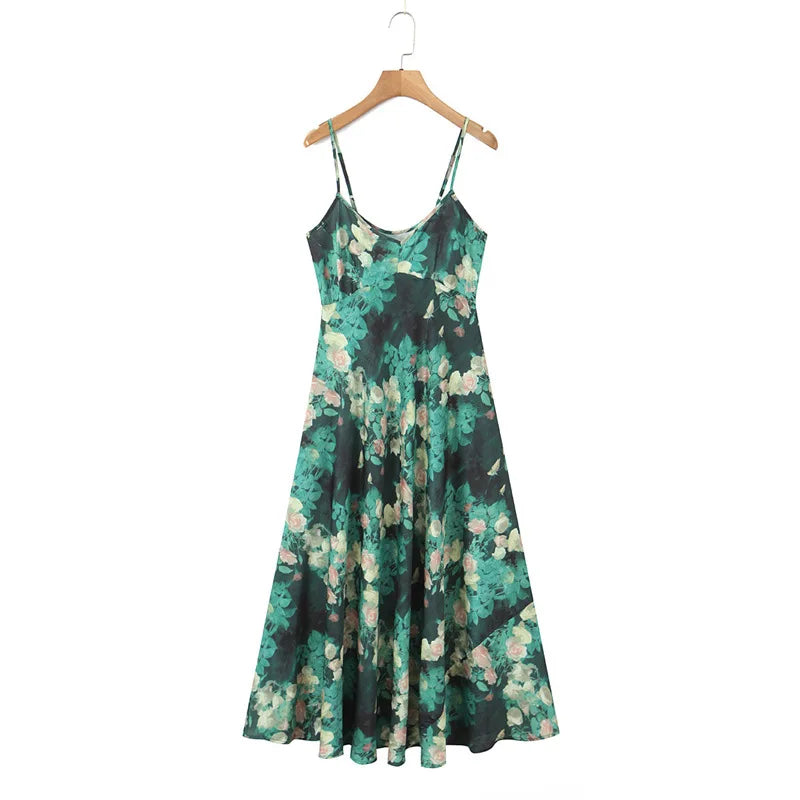 Deep V-neck Floral Print Slip Dress Vacation Style Waist-cinching Printed Beach Dress Sexy Backless Deep V Sleeveless Dress KXMM