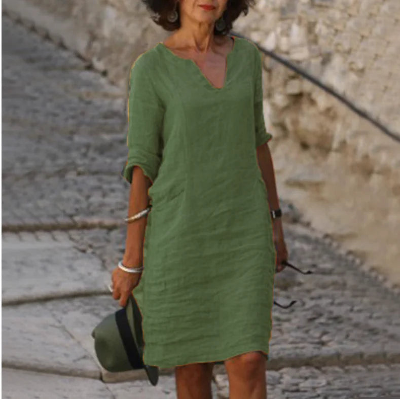 Vintage Women Solid Mini Dress Summer Fashion V-neck Three Quater Sleeve  Dress Ladies Casual Holiday Vestidos