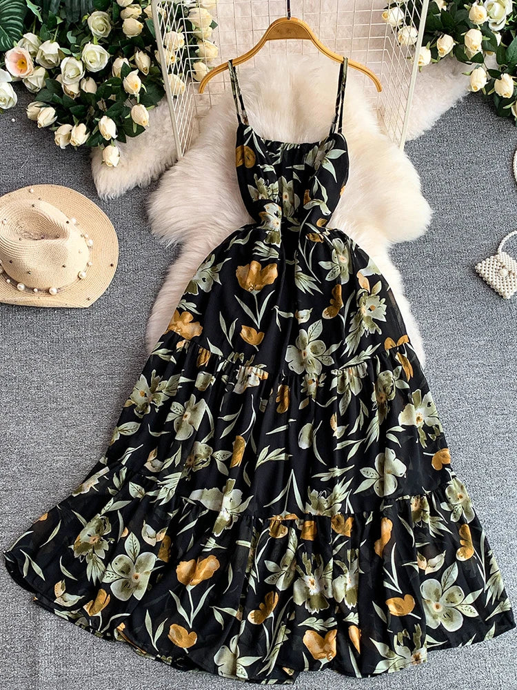 Women Dress Summer French Vacation Style Chiffon Flower Printed Suspender Elastic Ruffle Edge Long Vestido Female DS420