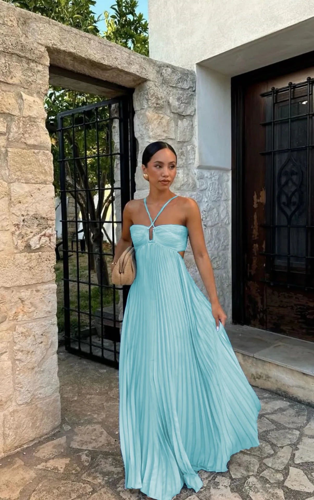 Halter Spaghetti Strap Pleated Maxi Dress Cutout Waist Back Tie Flowy Women Casual Vacation Party Long Dress 260802