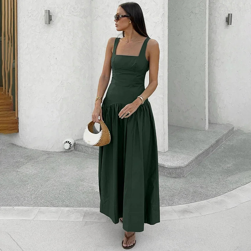 Elegant Spaghetti Strap Long Summer Green Dress 2026 Casual Straight Dress For High Waist Women Street Dresses Female