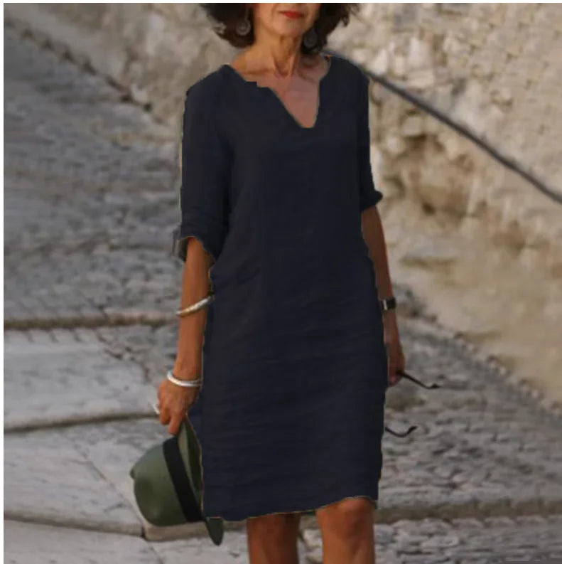Vintage Women Solid Mini Dress Summer Fashion V-neck Three Quater Sleeve  Dress Ladies Casual Holiday Vestidos