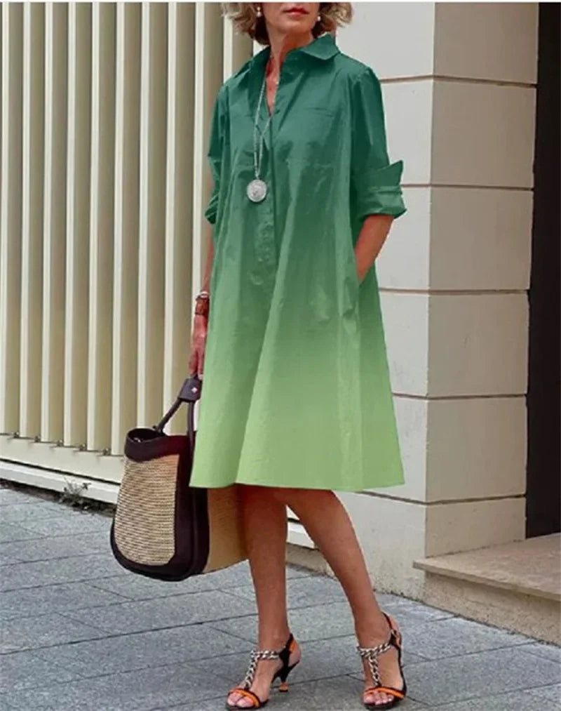 2024 Elegant Print Women Daily Commuter Dresses Side Double Pockets Single-breasted Cardigan Dress Female Long Sleeve Midi Gown