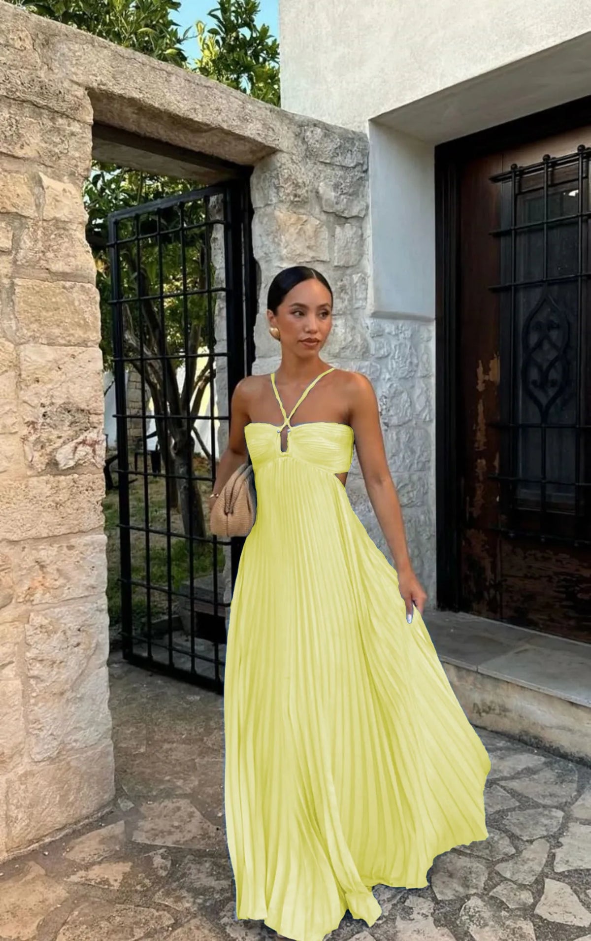 Halter Spaghetti Strap Pleated Maxi Dress Cutout Waist Back Tie Flowy Women Casual Vacation Party Long Dress 260802