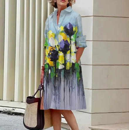 2026 Fall New Full Open Front Print Shirt Collar Long Sleeve Midi Dress Women Casual Fashion Office Wear with Belt