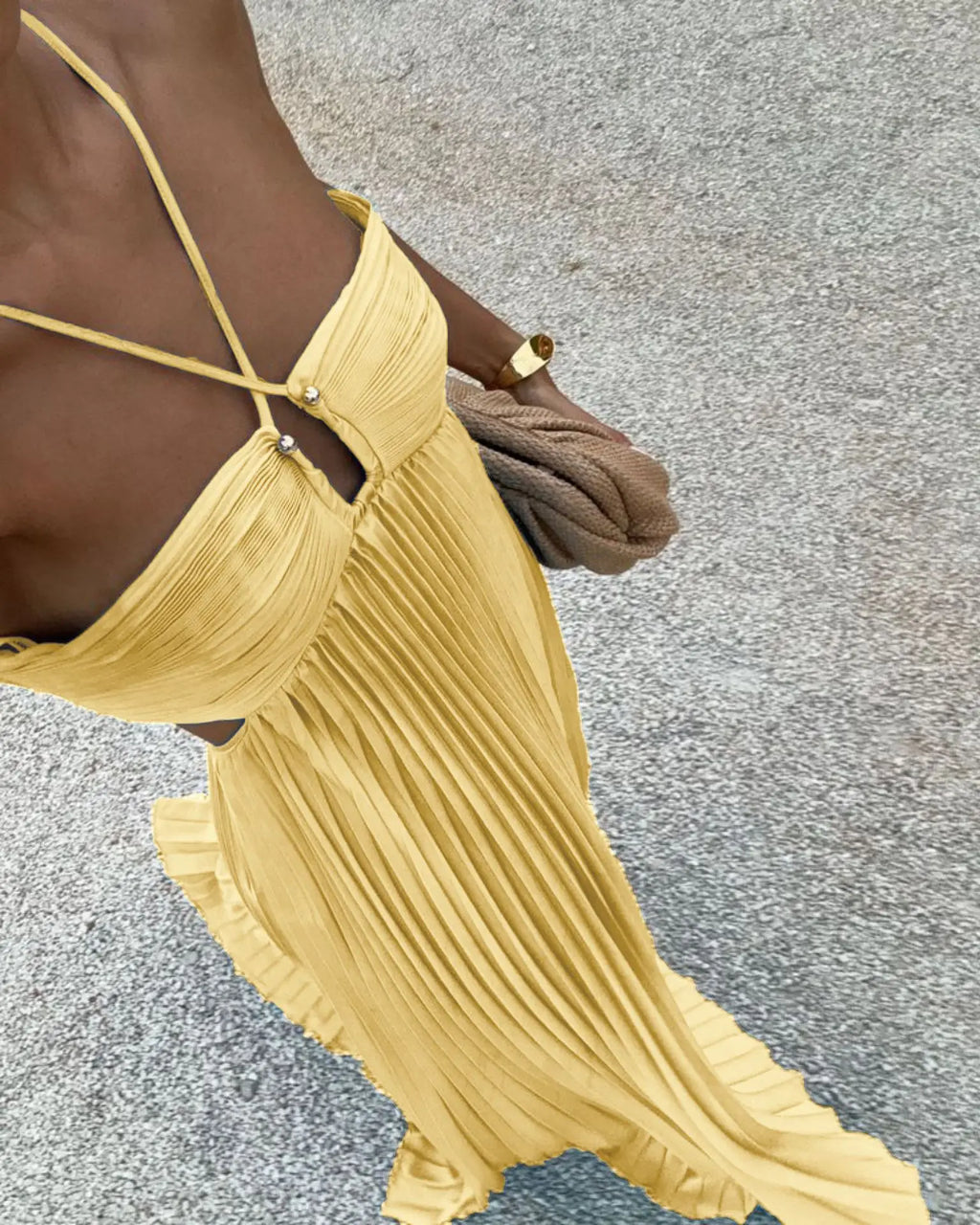 Halter Spaghetti Strap Pleated Maxi Dress Cutout Waist Back Tie Flowy Women Casual Vacation Party Long Dress 260802