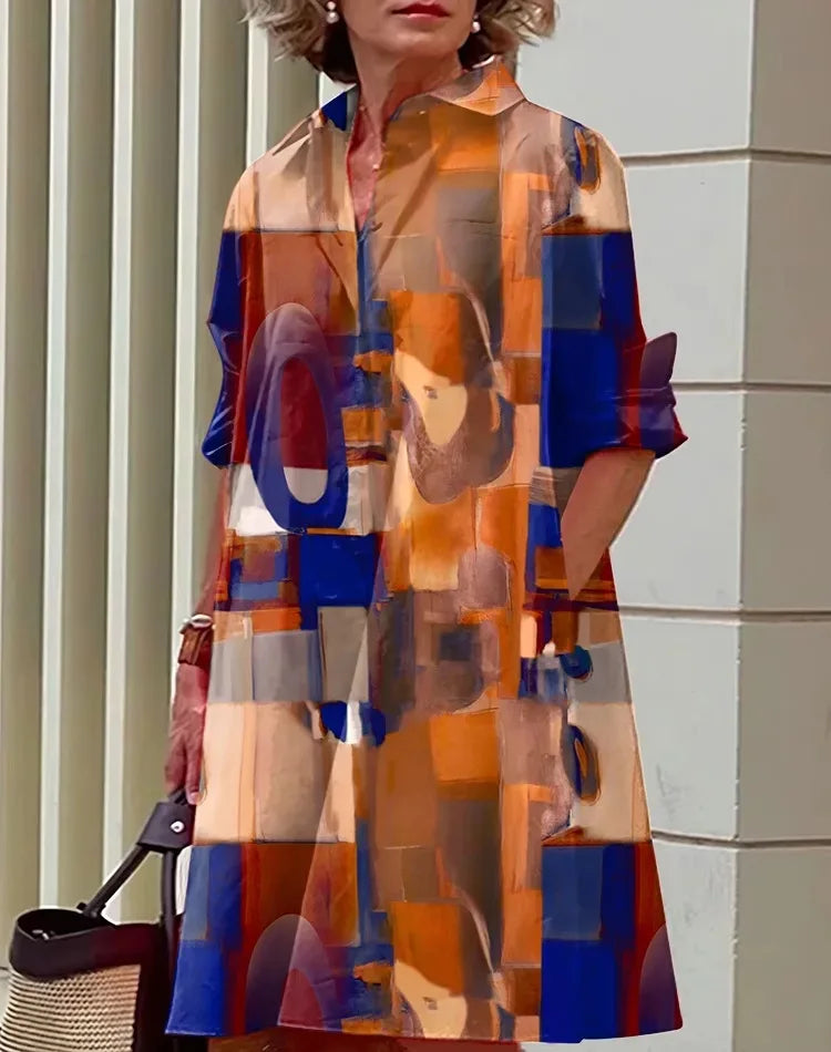 2026 Fall New Full Open Front Print Shirt Collar Long Sleeve Midi Dress Women Casual Fashion Office Wear with Belt