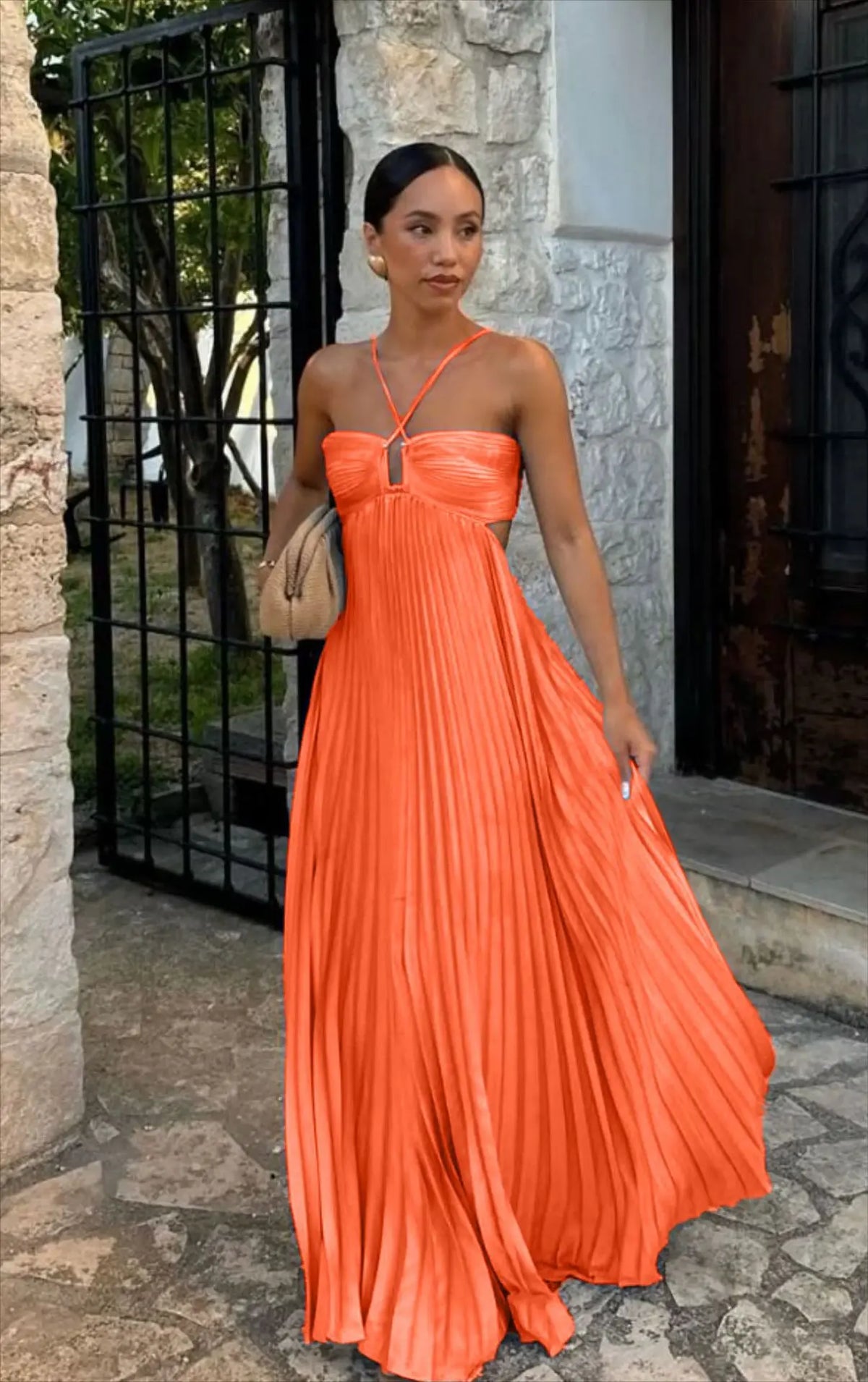 Halter Spaghetti Strap Pleated Maxi Dress Cutout Waist Back Tie Flowy Women Casual Vacation Party Long Dress 260802