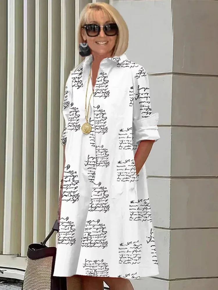 2026 Fall New Full Open Front Print Shirt Collar Long Sleeve Midi Dress Women Casual Fashion Office Wear with Belt