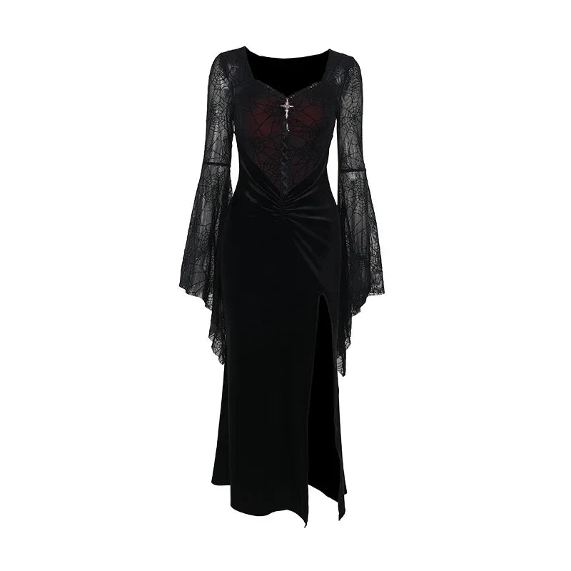 Dark Gothic style Goth Ropa Punk style Halloween Spiderweb velvet spliced bell sleeve slit hot girl dress