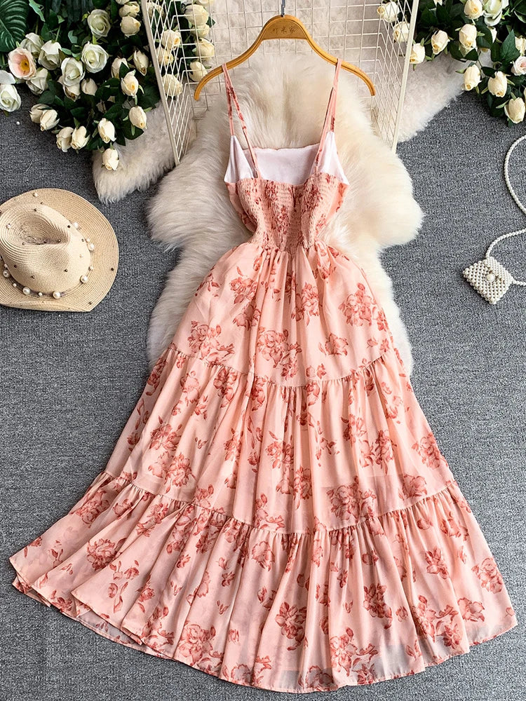 Women Dress Summer French Vacation Style Chiffon Flower Printed Suspender Elastic Ruffle Edge Long Vestido Female DS420