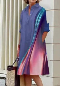 2026 Fall New Full Open Front Print Shirt Collar Long Sleeve Midi Dress Women Casual Fashion Office Wear with Belt