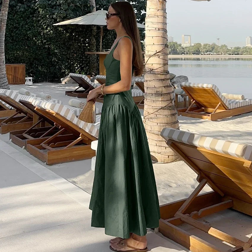 Elegant Spaghetti Strap Long Summer Green Dress 2026 Casual Straight Dress For High Waist Women Street Dresses Female
