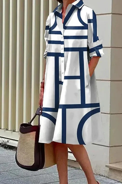 2026 Fall New Full Open Front Print Shirt Collar Long Sleeve Midi Dress Women Casual Fashion Office Wear with Belt