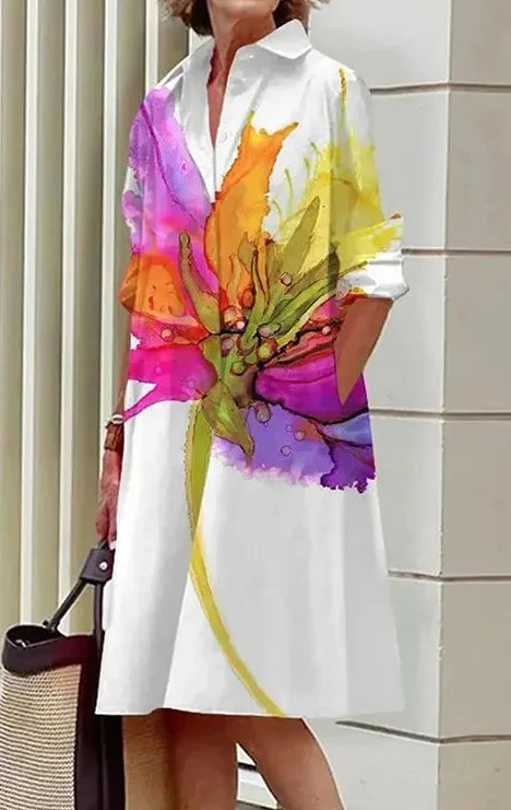 2026 Fall New Full Open Front Print Shirt Collar Long Sleeve Midi Dress Women Casual Fashion Office Wear with Belt
