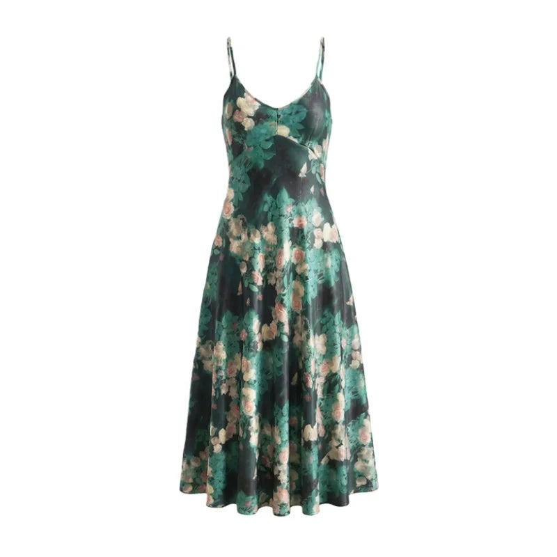 Deep V-neck Floral Print Slip Dress Vacation Style Waist-cinching Printed Beach Dress Sexy Backless Deep V Sleeveless Dress KXMM