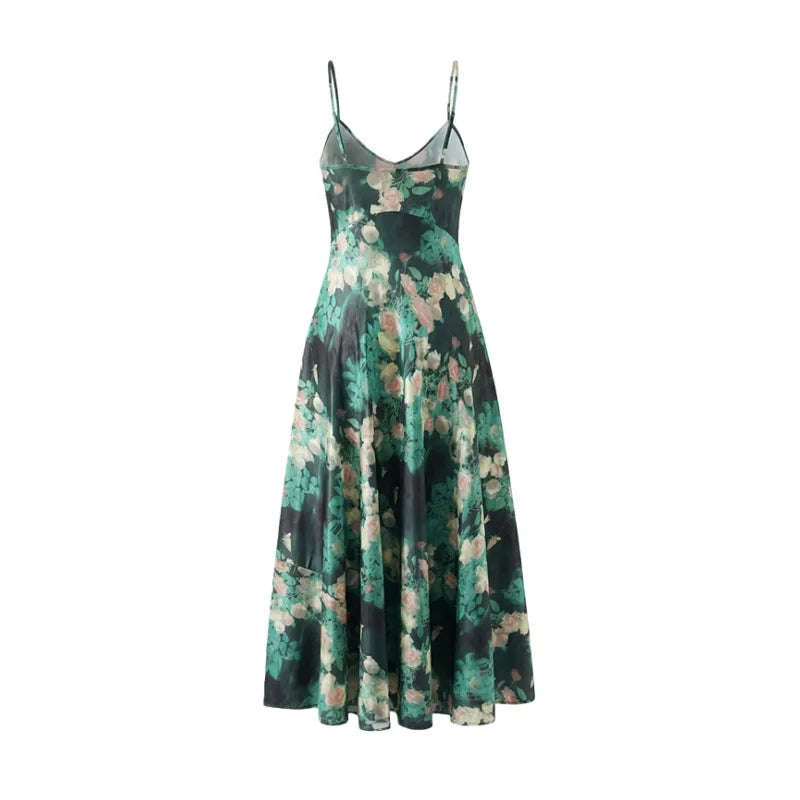Deep V-neck Floral Print Slip Dress Vacation Style Waist-cinching Printed Beach Dress Sexy Backless Deep V Sleeveless Dress KXMM