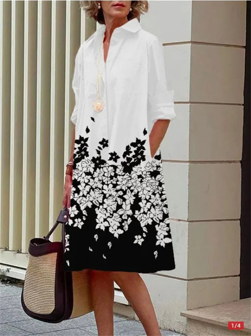 2024 Elegant Print Women Daily Commuter Dresses Side Double Pockets Single-breasted Cardigan Dress Female Long Sleeve Midi Gown