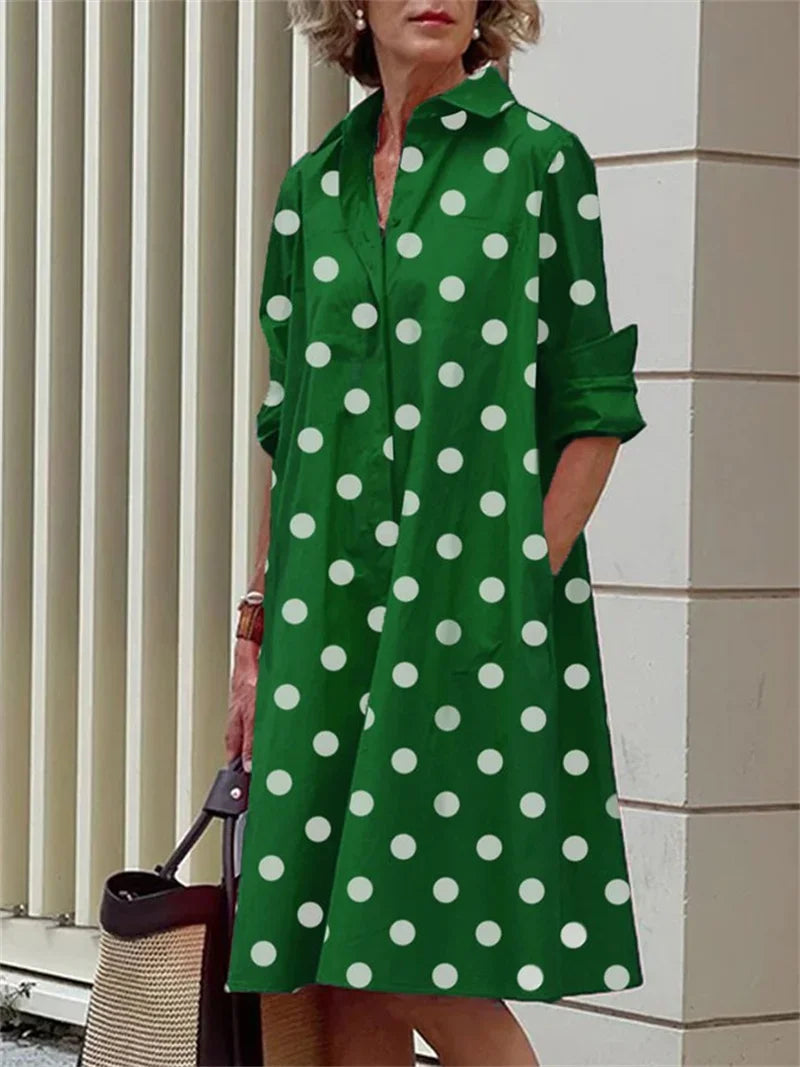 2024 Elegant Print Women Daily Commuter Dresses Side Double Pockets Single-breasted Cardigan Dress Female Long Sleeve Midi Gown