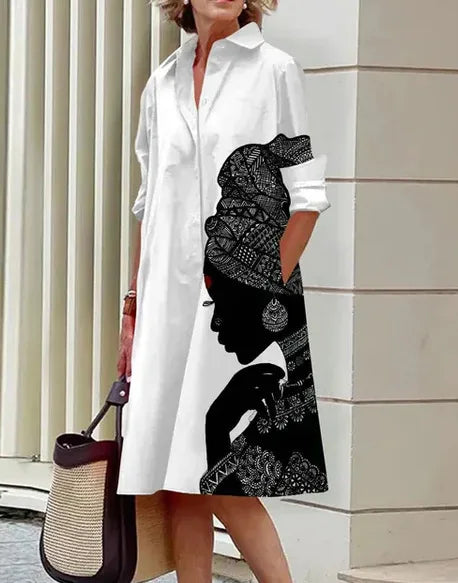 2026 Fall New Full Open Front Print Shirt Collar Long Sleeve Midi Dress Women Casual Fashion Office Wear with Belt