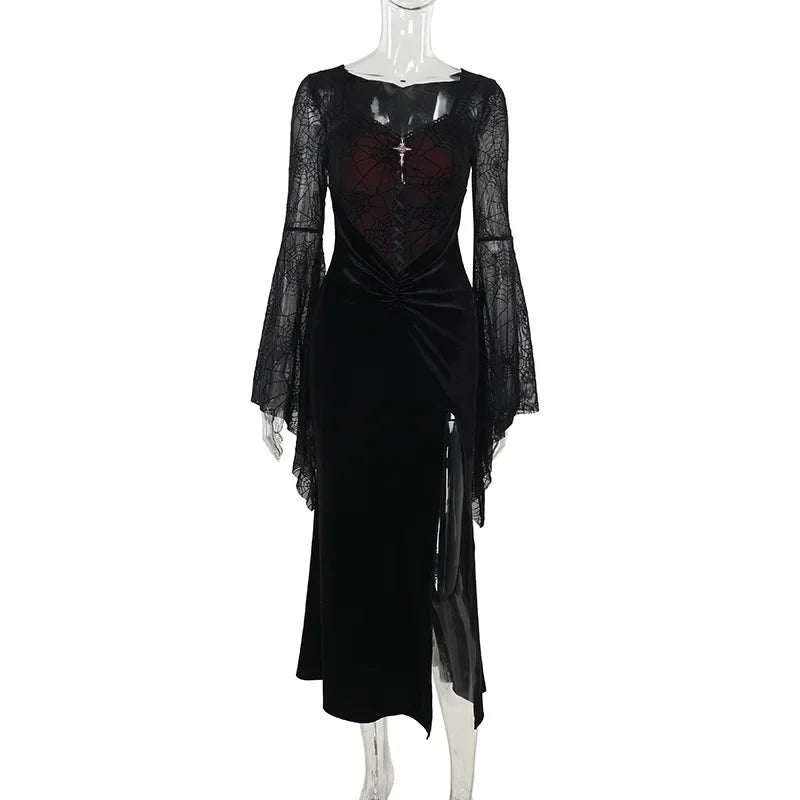 Dark Gothic style Goth Ropa Punk style Halloween Spiderweb velvet spliced bell sleeve slit hot girl dress