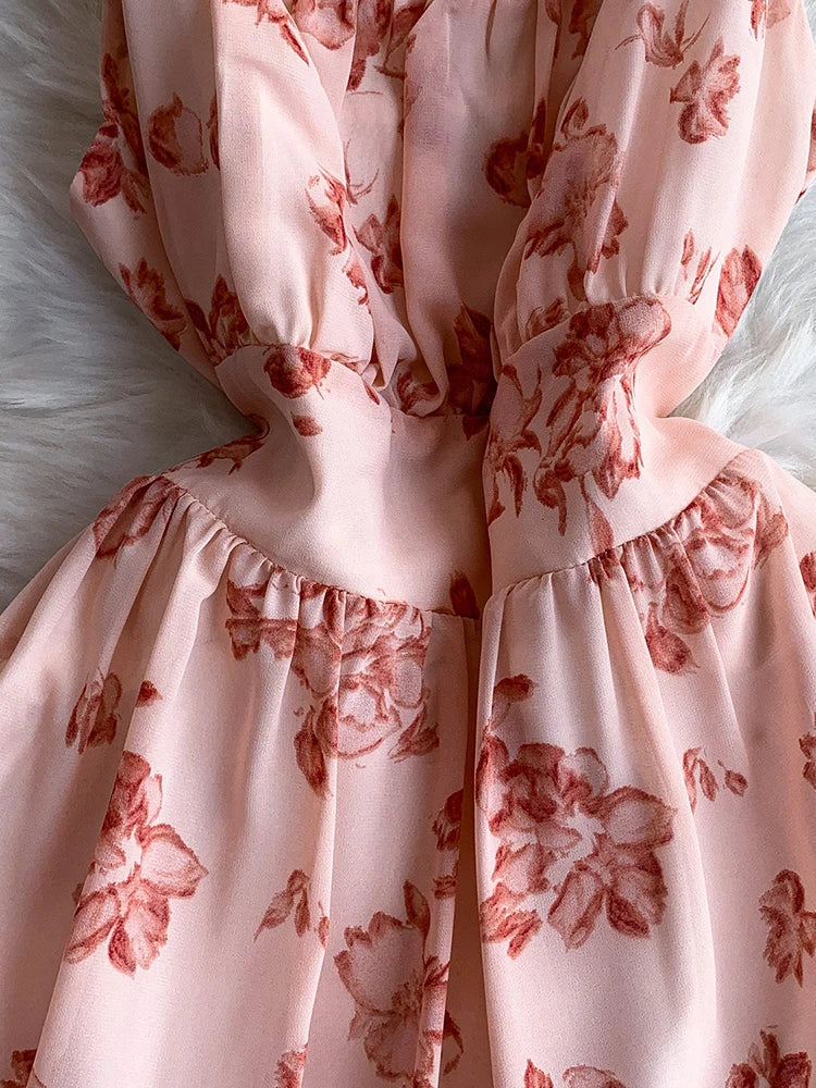 Women Dress Summer French Vacation Style Chiffon Flower Printed Suspender Elastic Ruffle Edge Long Vestido Female DS420