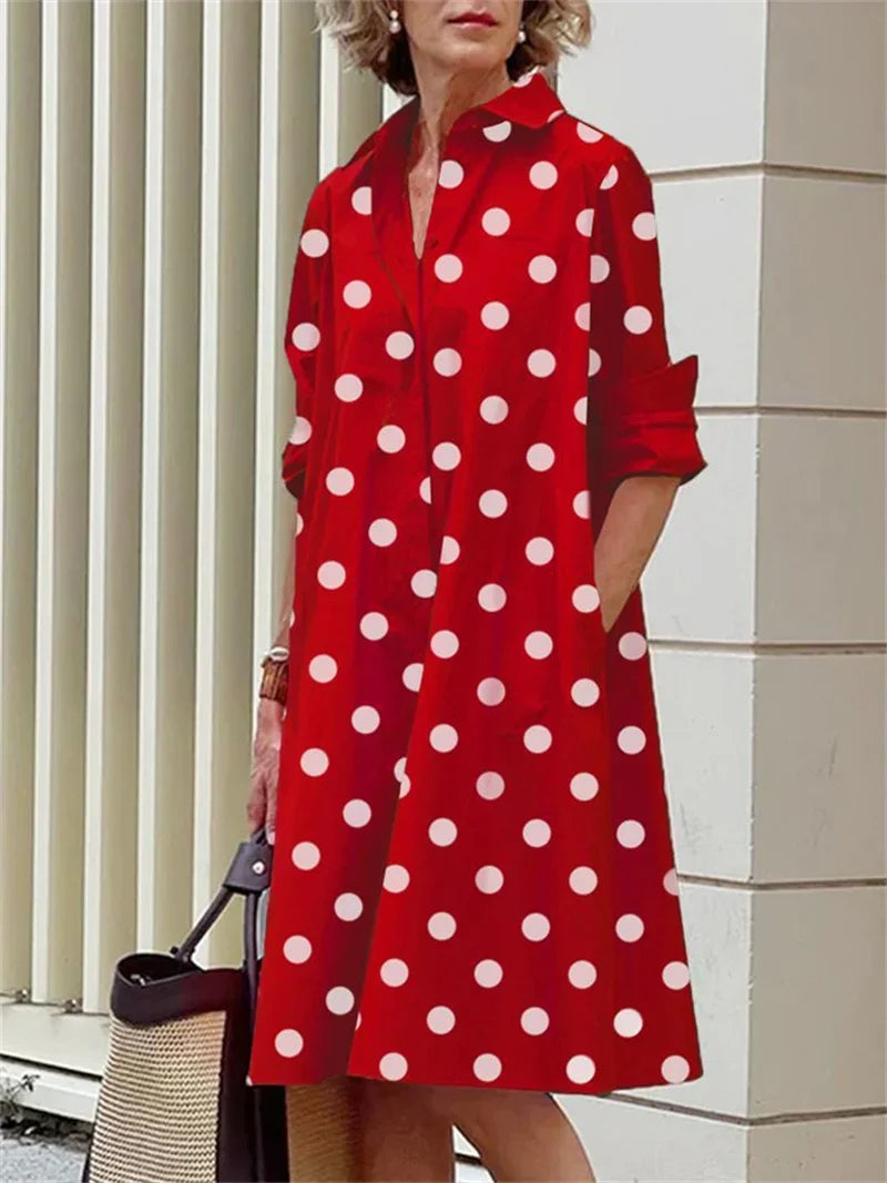 2024 Elegant Print Women Daily Commuter Dresses Side Double Pockets Single-breasted Cardigan Dress Female Long Sleeve Midi Gown