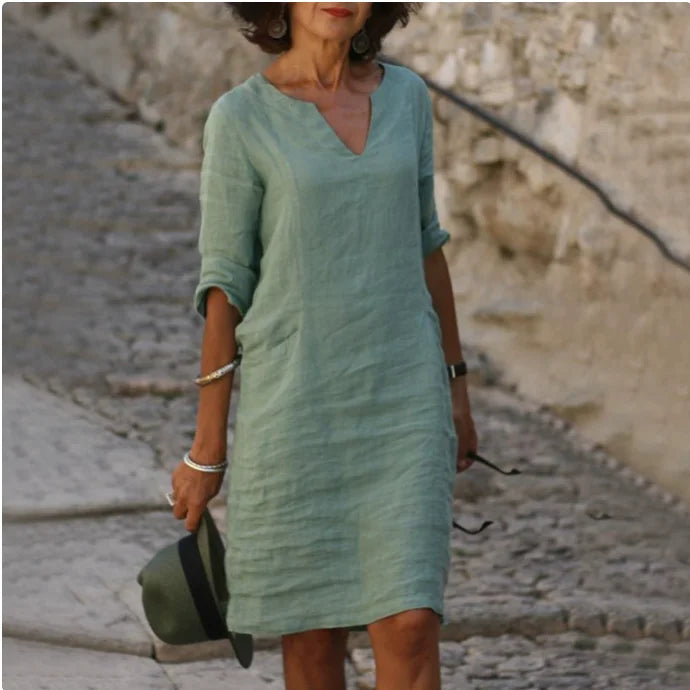 Vintage Women Solid Mini Dress Summer Fashion V-neck Three Quater Sleeve  Dress Ladies Casual Holiday Vestidos