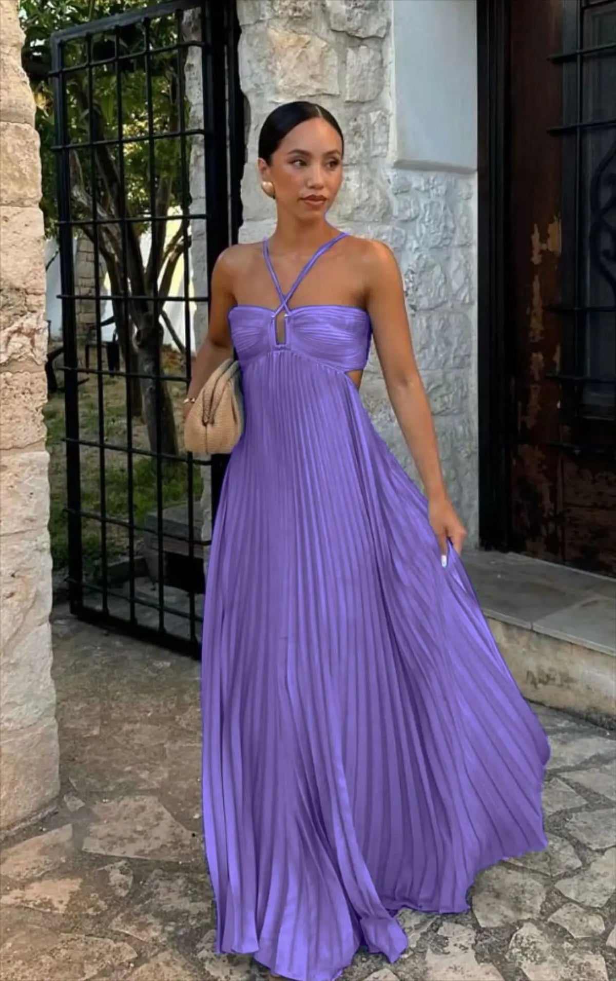 Halter Spaghetti Strap Pleated Maxi Dress Cutout Waist Back Tie Flowy Women Casual Vacation Party Long Dress 260802