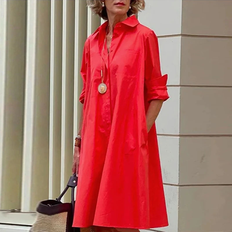 Spring Summer Shirt Dress Women Turn Down Collar Long Sleeve Tie Dye Printing Midi Dresses For Women Elegant Pocket Holiday Robe