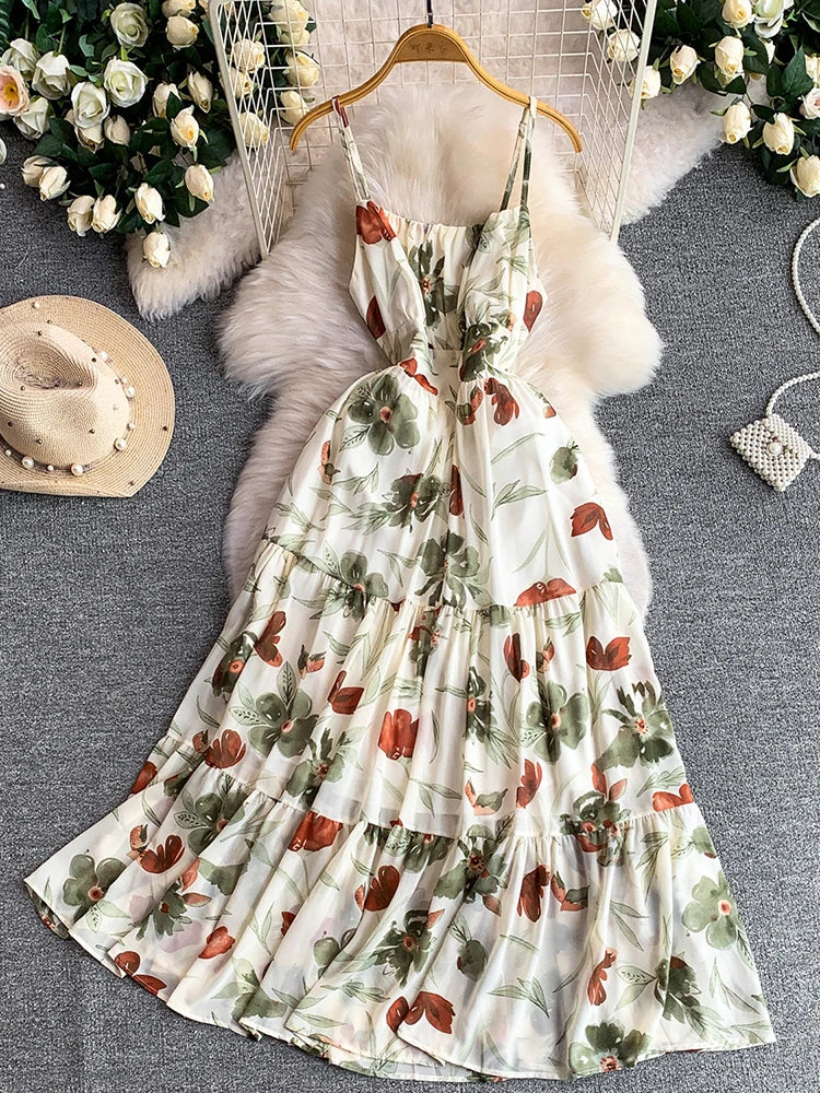 Women Dress Summer French Vacation Style Chiffon Flower Printed Suspender Elastic Ruffle Edge Long Vestido Female DS420
