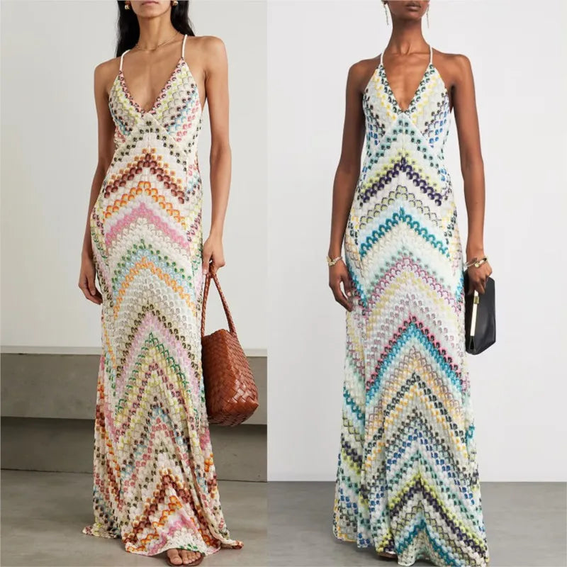 Spring Summer Female Boho Maxi Dresses Retro Sleeveless Women Holiday Long Skirt Sexy Deep V Neck Casual Party Dress Streetwear