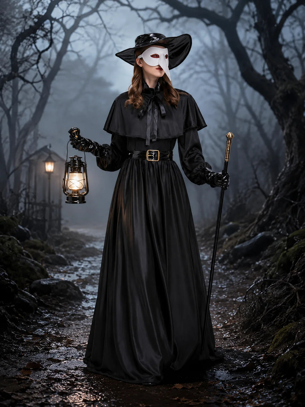 Women Plague Doctor Costume Set Medieval Gothic Long Dress with Cape Belt Hat Gloves Bird Beak Mask Steampunk Halloween Cosplay Outfit for Carnival Party